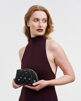 Black Quilted Floral Motif Embroidered Pouch