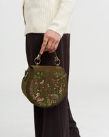 Charlotte Meadow Scene Embroidered Saddle Bag in Khaki Suedette