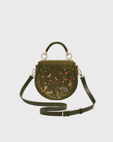 Charlotte Meadow Scene Embroidered Saddle Bag in Khaki Suedette
