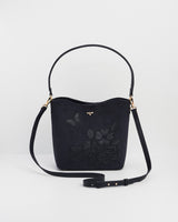 Margot Floral Applique Bucket Bag in Navy Suedette