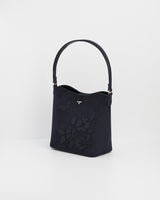 Margot Floral Applique Bucket Bag in Navy Suedette