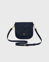 Beth Floral Applique Saddle Bag in Navy Suedette