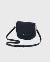 Beth Floral Applique Saddle Bag in Navy Suedette