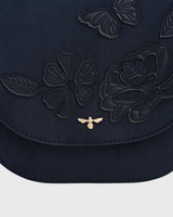 Beth Floral Applique Saddle Bag in Navy Suedette