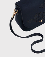 Beth Floral Applique Saddle Bag in Navy Suedette