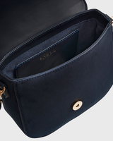 Beth Floral Applique Saddle Bag in Navy Suedette