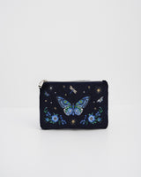 Butterfly Embroidered Pouch in Navy Velvet