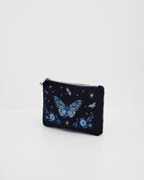 Butterfly Embroidered Pouch in Navy Velvet