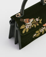 Eliza Wren Embroidered Top Handle Bag in Green Velvet