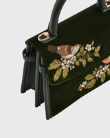Eliza Wren Embroidered Top Handle Bag in Green Velvet