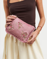 Floral Posy Embroidered Medium Pouch in Rose Pink Velvet
