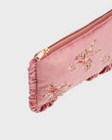 Floral Posy Embroidered Medium Pouch in Rose Pink Velvet