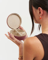 Floral Wreath Embroidered Round Jewellery Box in Rose Pink Velvet