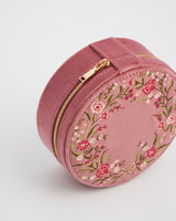 Floral Wreath Embroidered Round Jewellery Box in Rose Pink Velvet
