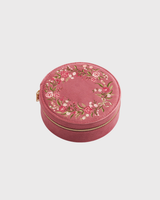 Floral Wreath Embroidered Round Jewellery Box in Rose Pink Velvet