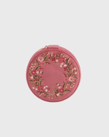 Floral Wreath Embroidered Round Jewellery Box in Rose Pink Velvet