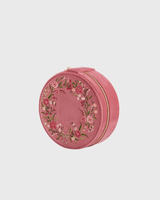 Floral Wreath Embroidered Round Jewellery Box in Rose Pink Velvet