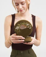 Hedgehog Embroidered Round Jewellery Box in Khaki Suedette