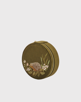 Hedgehog Embroidered Round Jewellery Box in Khaki Suedette