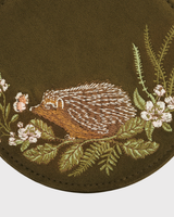 Hedgehog Embroidered Round Jewellery Box in Khaki Suedette