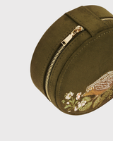 Hedgehog Embroidered Round Jewellery Box in Khaki Suedette