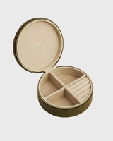Hedgehog Embroidered Round Jewellery Box in Khaki Suedette