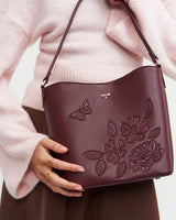 Floral Applique Margot Bucket Bag in Burgundy