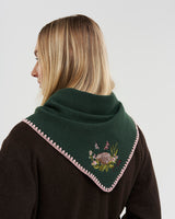 Hedgehog Embroidered 
Knitted Triangle Scarf in Forest Green