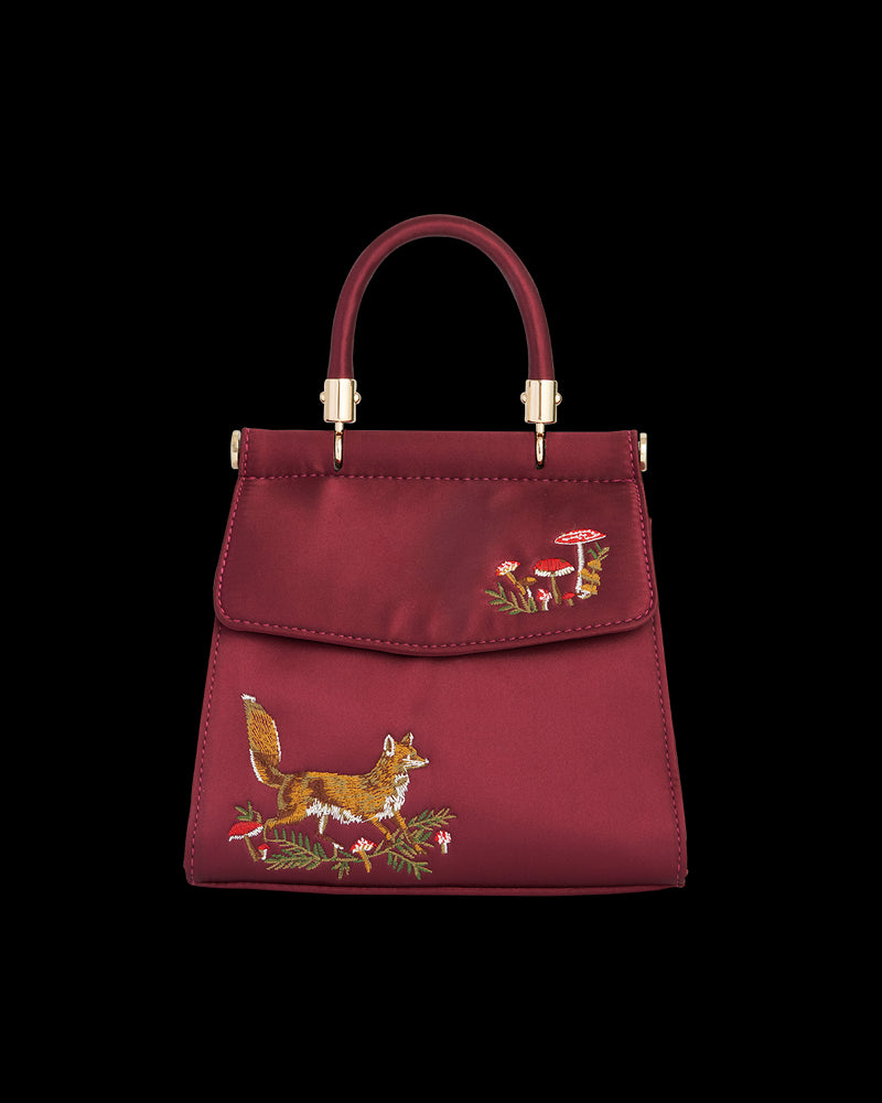 Fox & Mushroom Embroidered Burgundy Satin Tote