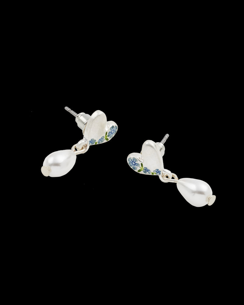 Forget Me Not Heart & Pearl Silver Earrings