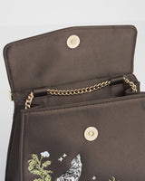 Wolf & Moon Embroidered Charcoal Satin Tote