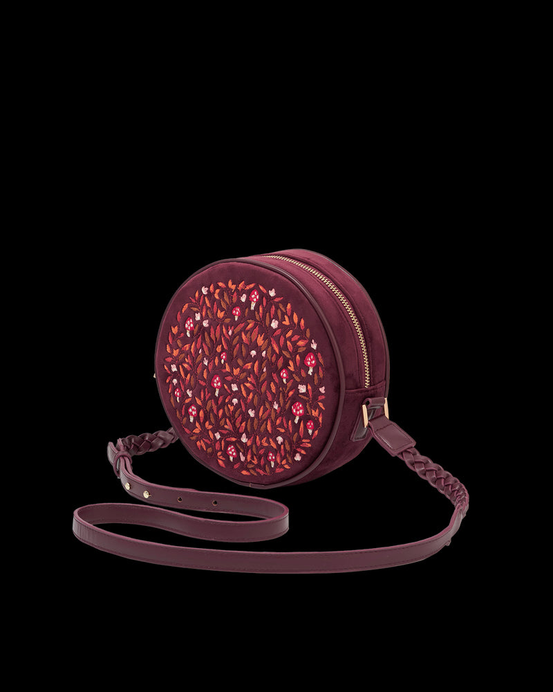 Magical Mushroom Embroidered Burgundy Velvet Circle Bag