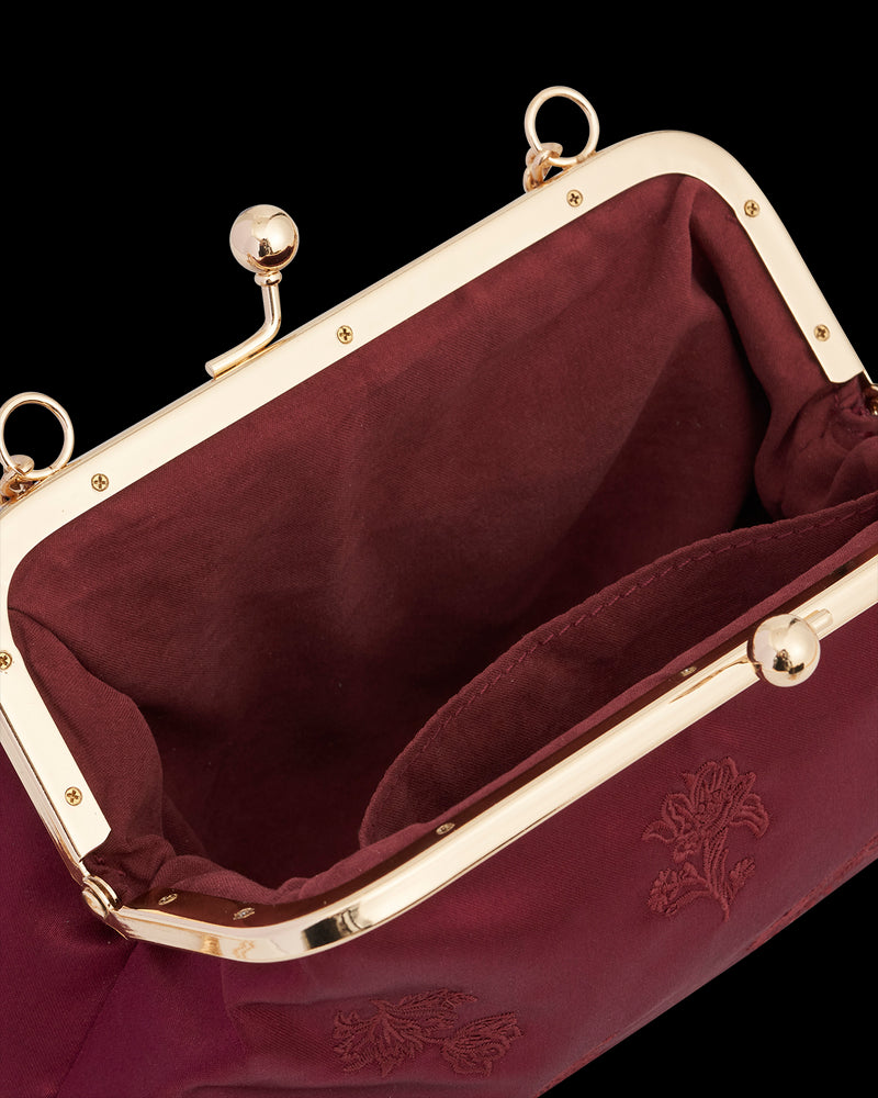 Victoriana Embroidered Burgundy Satin Clutch Bag