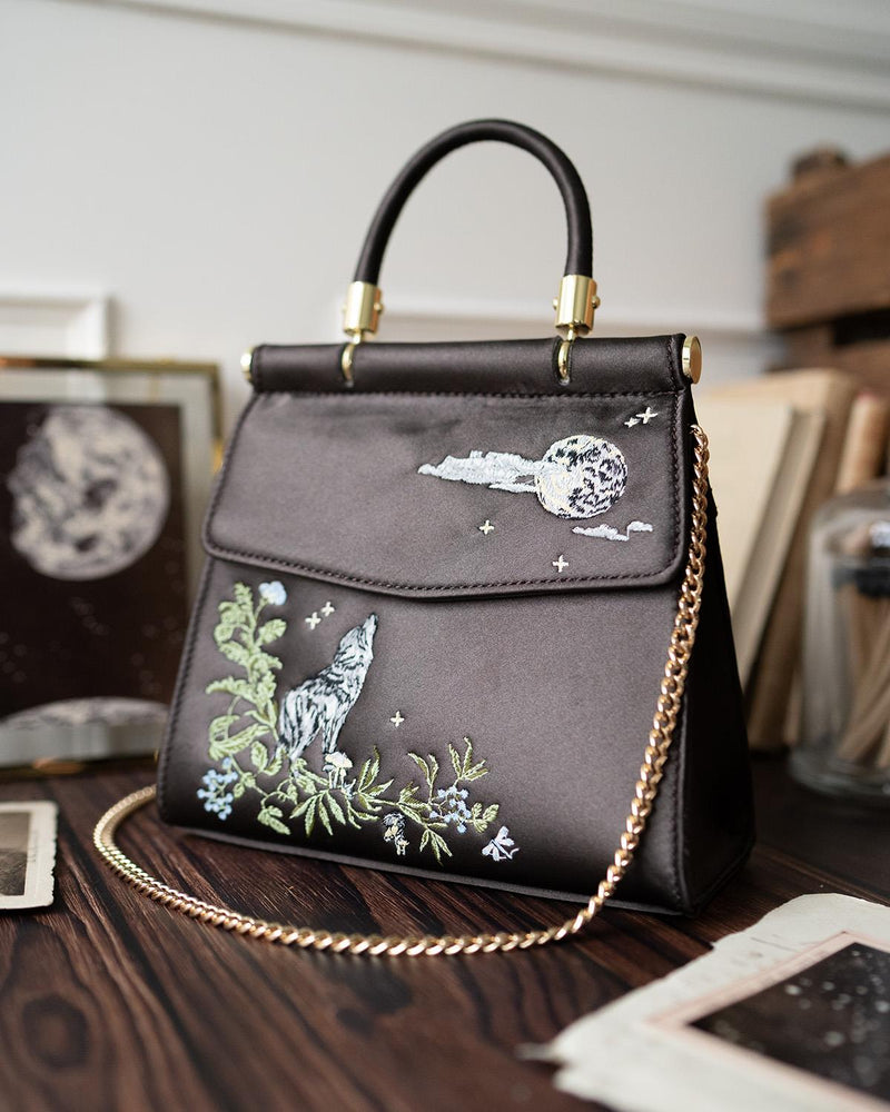 Wolf & Moon Embroidered Charcoal Satin Tote