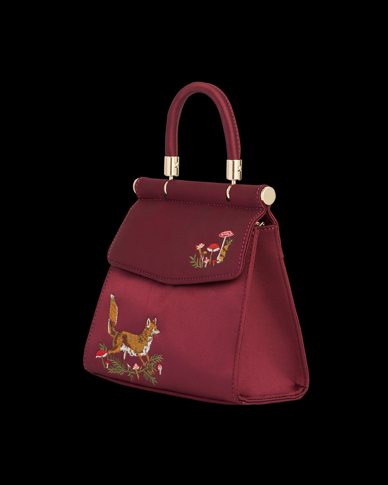 Fox & Mushroom Embroidered Burgundy Satin Tote