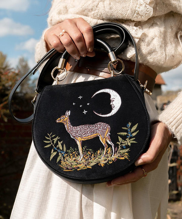 Deer & Moon Velvet - Embroidered Saddle Bag Black