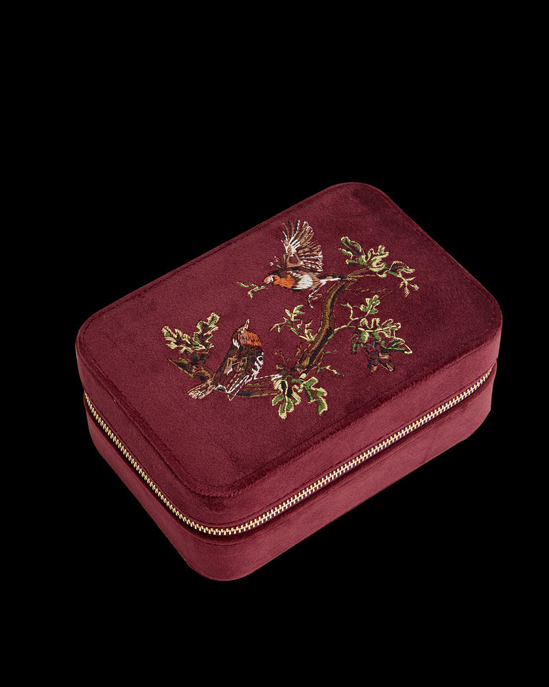 Robin Love Embroidered Large Jewellery Box Redcurrant Velvet