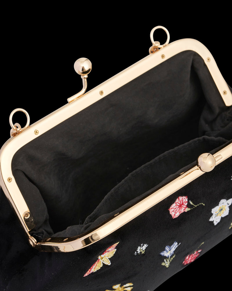 Floral Ditsy Embroidered Black Velvet Clutch Bag