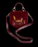 Fox & Mushroom Embroidered Saddle Bag - Redcurrant Velvet