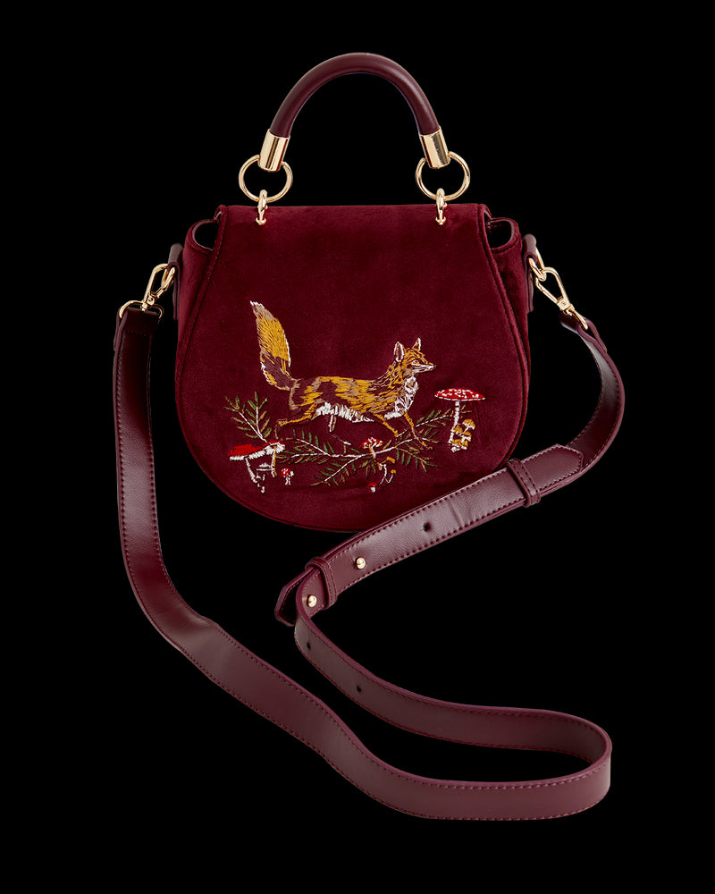 Fox & Mushroom Embroidered Saddle Bag - Redcurrant Velvet