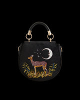 Deer & Moon Velvet - Embroidered Saddle Bag Black