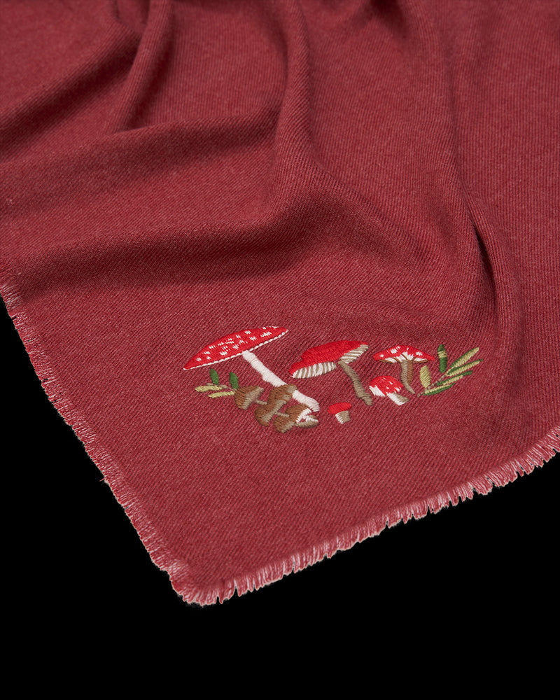 Mushroom Embroidered Burgundy Pashmina Scarf