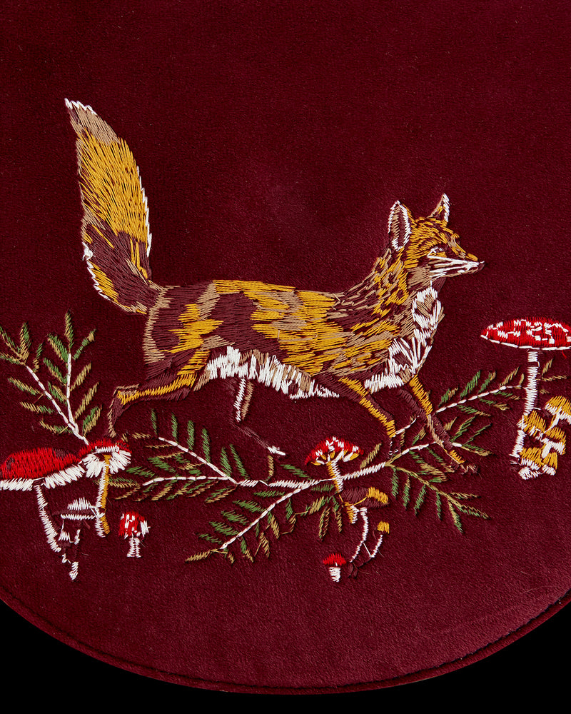 Fox & Mushroom Embroidered Saddle Bag - Redcurrant Velvet