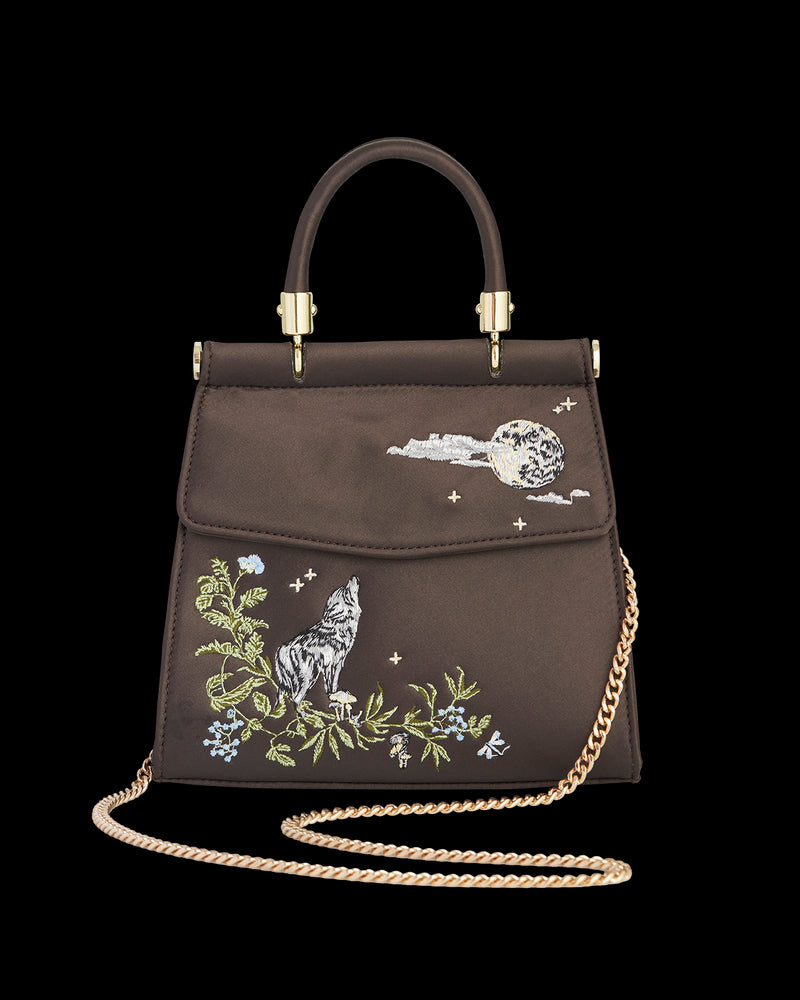 Wolf & Moon Embroidered Charcoal Satin Tote