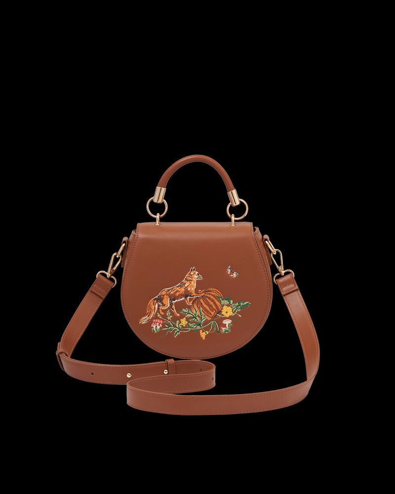 Fox & Pumpkin Embroidered Tan Saddle Bag