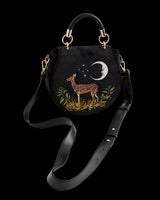 Deer & Moon Velvet - Embroidered Saddle Bag Black
