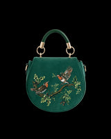 Robin Love Velvet Embroidered Saddle Bag - Fern Green