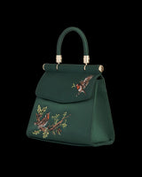 Robin Love Embroidered Green Satin Tote