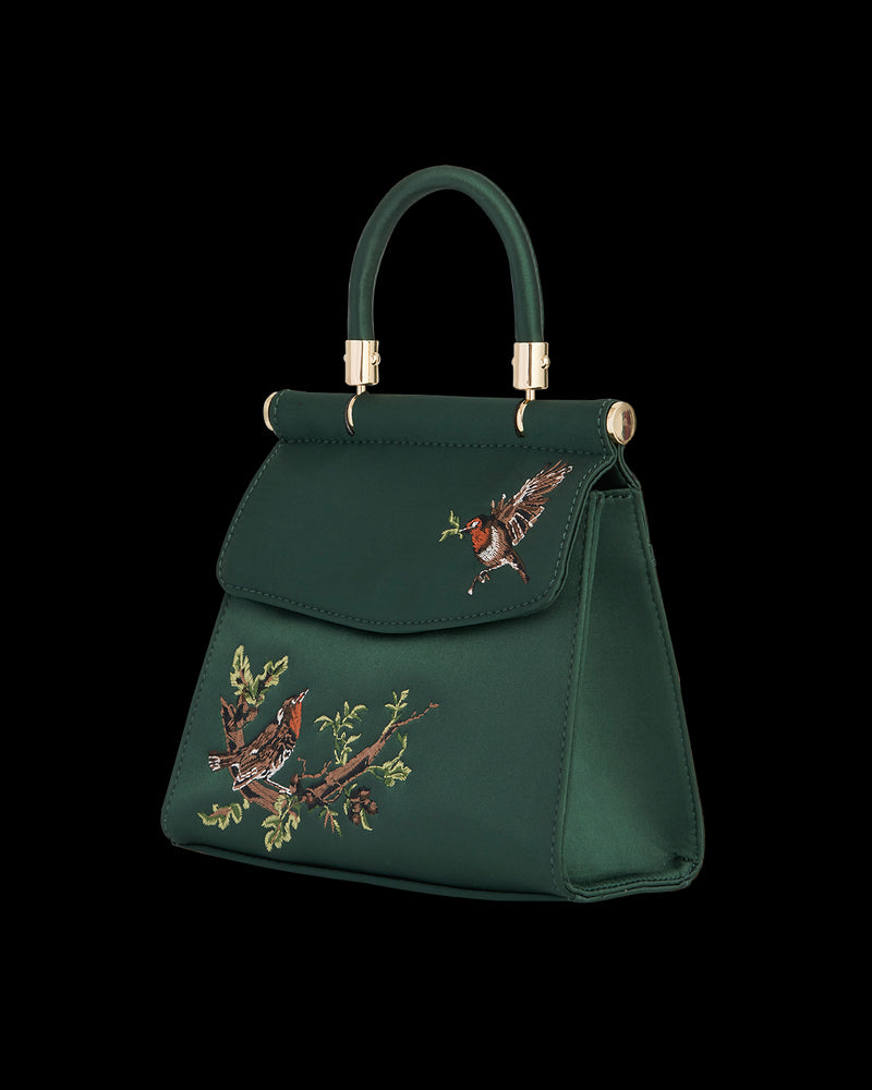 Robin Love Embroidered Green Satin Tote