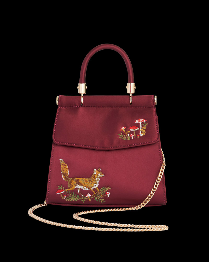 Fox & Mushroom Embroidered Burgundy Satin Tote